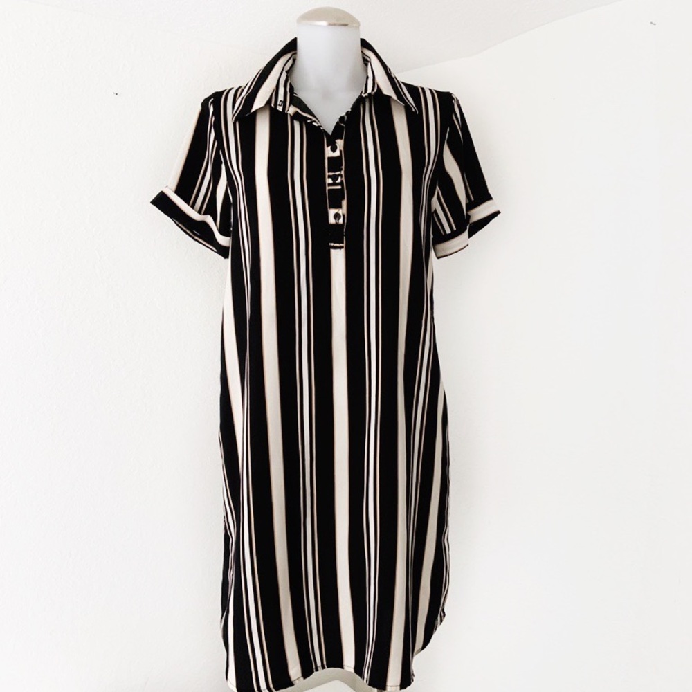 Free Press Vertical Stripe Shirt Dress Black Ivory